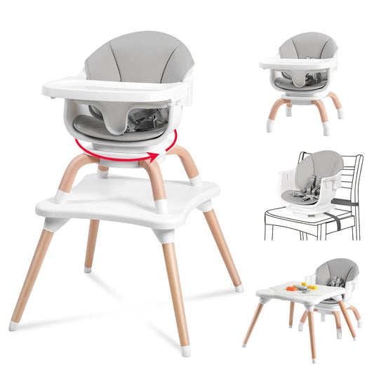 Baby High Chair, 7 in 1 Convertible High Chairs for Babies and Toddlers, Kids Learning Table, Building Block Table, Toddler Dining Chair with 360° Rotating Seat, 5-Point Safety Harness (Grey)