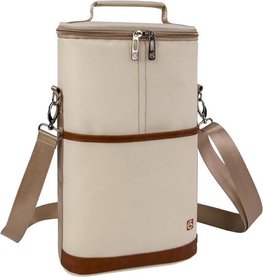 ALLCAMP 2 Bottle Wine Tote Carrier - Insulated Portable Padded Canvas Wine Bag for Travel, BYOB Restaurant, Wine Tasting, Party, Great Christmas Day Gift for Wine Lover，Cream-colored