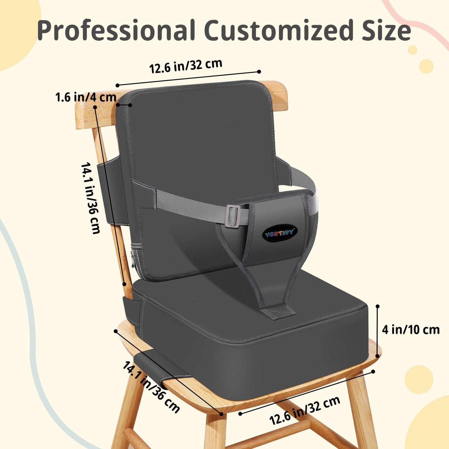 Toddler Booster Seat for Kitchen Chair, 2-in-1 Dining Table Booster Seat with Backrest & Adjustable Straps – Easy-Clean, PU Portable Toddler Eating Travel Increasing Cushion - Dark Grey