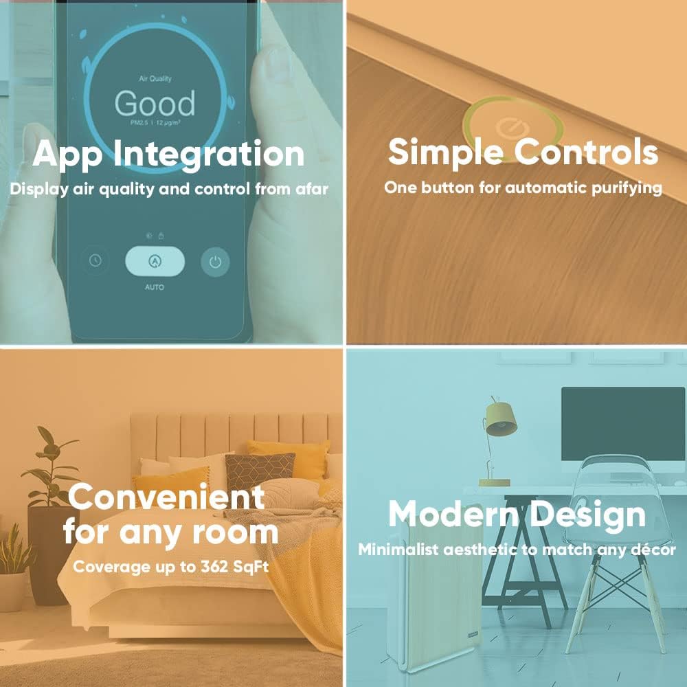Aspen One Button Air Purifiers for Home, Cleans 1500 SqFt in 50min and 362 SqFt in 12min, HEPA Air Purifier with Automatic and App Control - Filtrate 99.97% of Smoke, Pollen, and more - Gold Oak