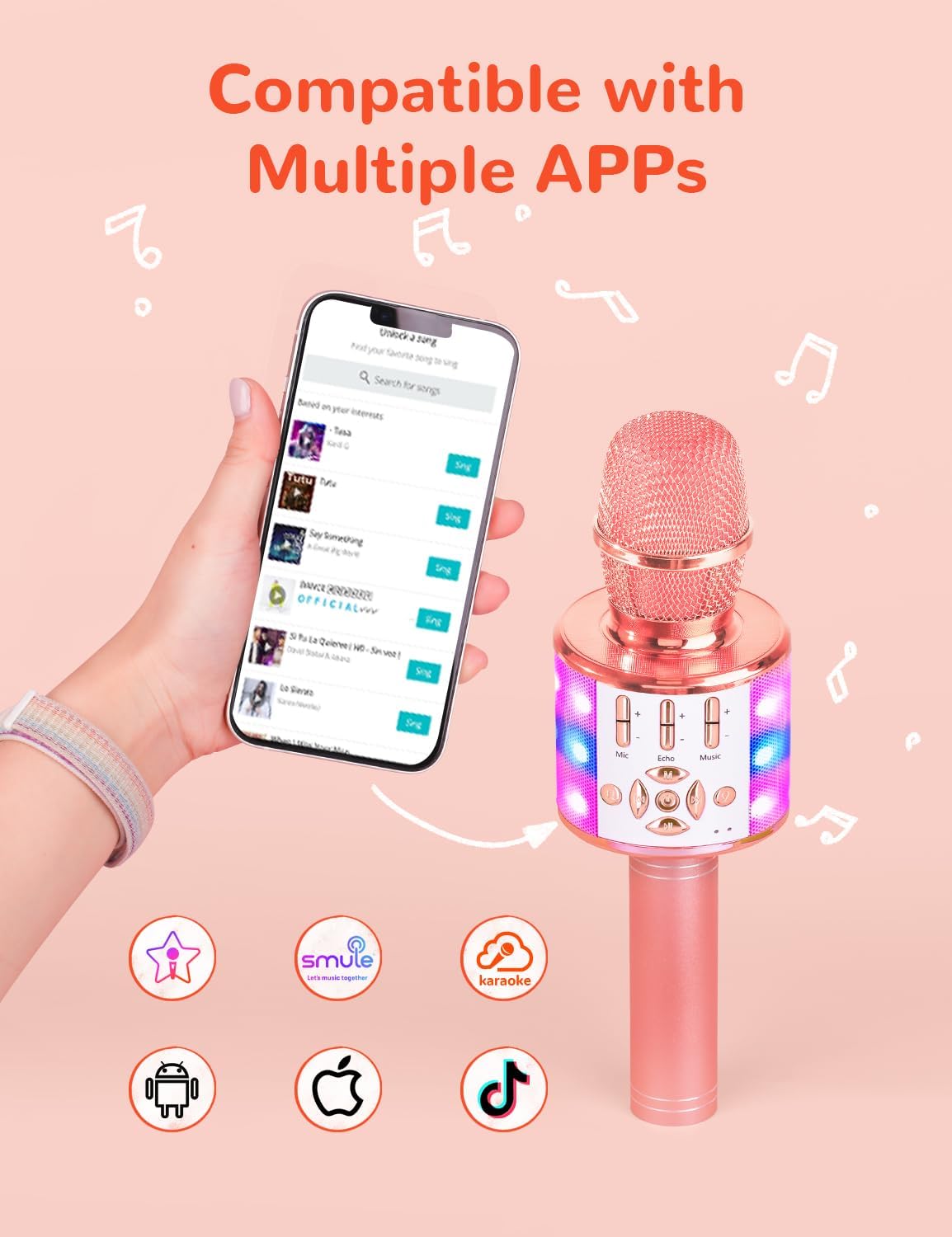 Amazmic Karaoke Microphone for Adults, Wireless Bluetooth Microphone for Singing Portable Karaoke Machine Handheld with LED Lights, Gift for Kids Adults Birthday Party, Home KTV(Rose Gold)