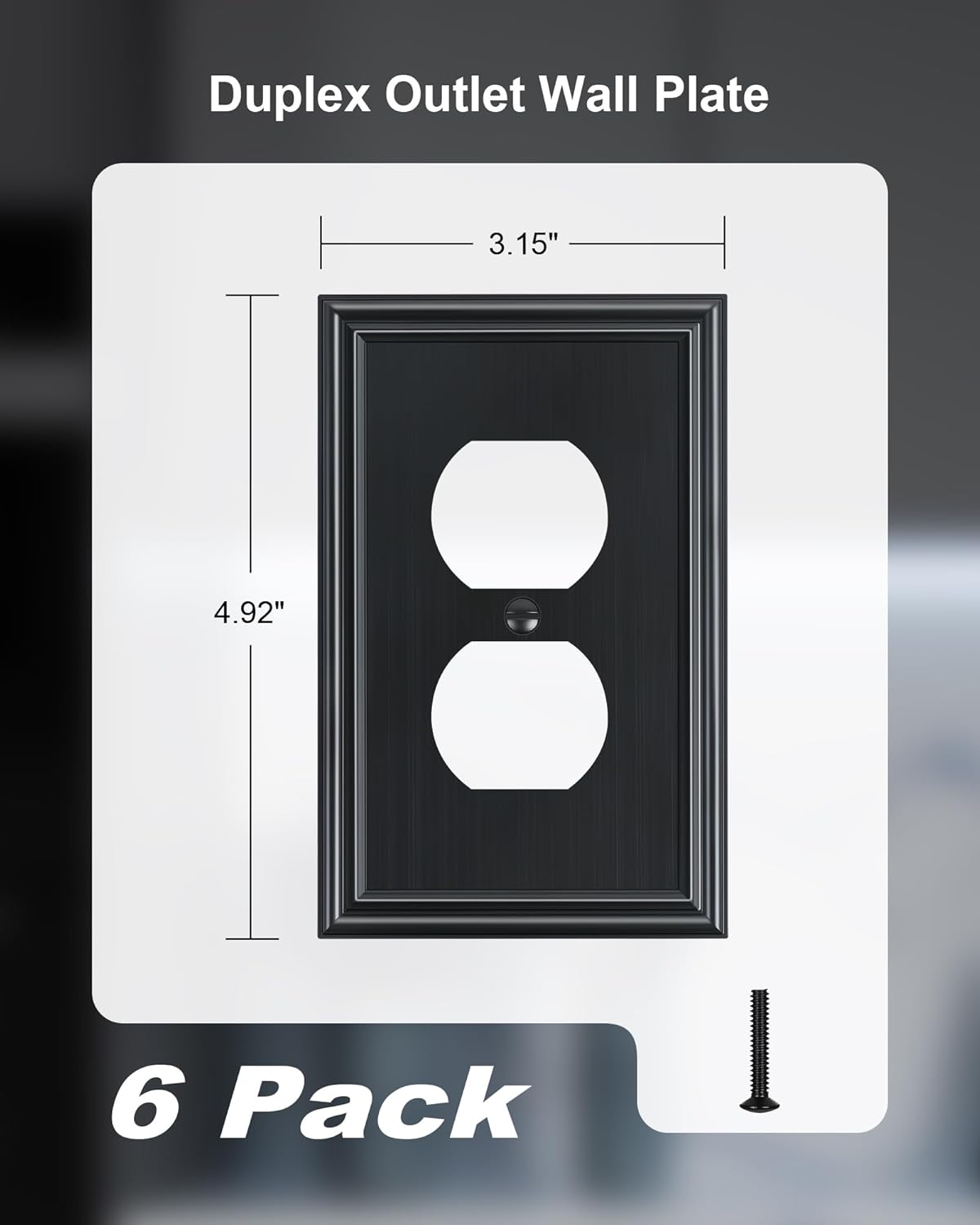 6-Pack Single Duplex Outlet Cover Plate, Decorative Black Switch Plates and Outlet Covers, Metal Wall Plates for Electrical Outlets, 1 Gang Receptacle Cover, Corrosion Resistant