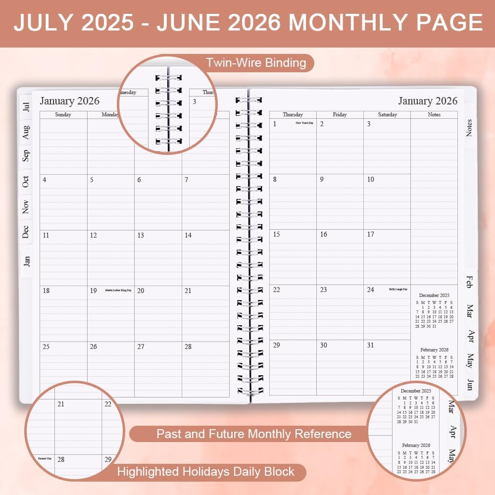 2025-2026 Planner - Weekly & Monthly Planner Runs Jul 2025 to Jun 2026, 6.25" x 8.25", 12 Monthly Tabs, 14 Notes Page, Plastic Pocket, Flexible Cover with Twin-Wire Binding, Planners 2025-2026