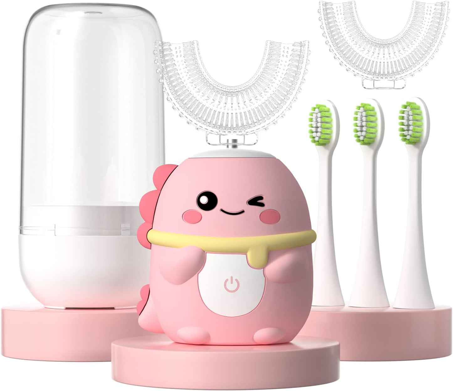 Kids Electric Toothbrush U Shaped Toddler Auto Sonic Toothbrushes with 5 Brush Head,Cartoon Dinosaur Ultrasonic Toothbrushes for Children 2-12 Years,360° Full Mouth Cleaning Automatic