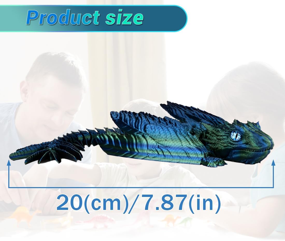 3D Printed Dragon with Wings 3D Printed Animals Articulated Dragon Fidget Dragon 3D Printed Toys Dragon Toy Desk Pets Home Office Decor (Blue)
