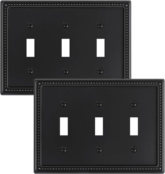 2-Pack Triple Toggle Light Switch Cover Plate, Pearls Decorative Switch Plate Covers, Black 3 Gang Metal Wall Plate, Corrosion Resistant