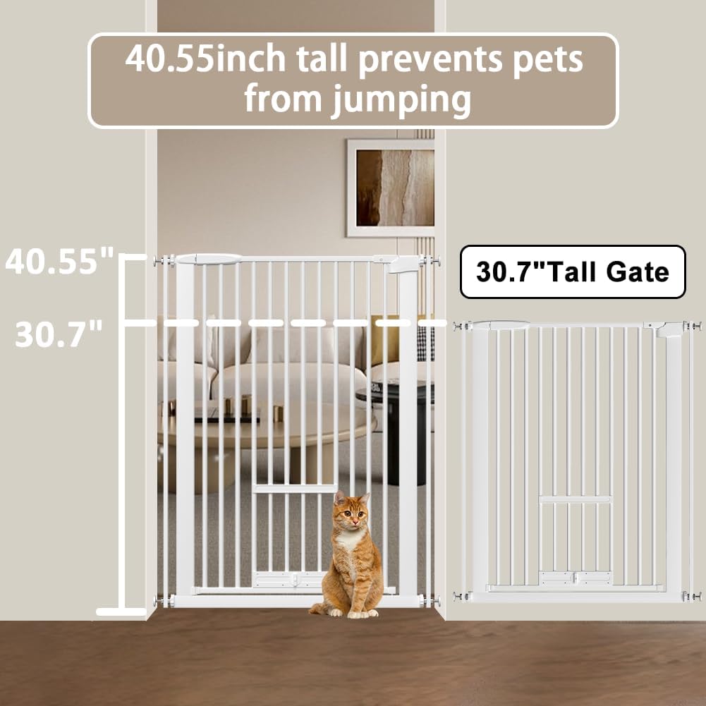 40.55" Tall 1.37" Ultra Narrow Spacing 73.43"-81.30" Extra Wide Dogs Pets Baby Gate with Cat Door for Doorway Safety Proof Indoor Puppy Pressure Mounted No Drill White Black Metal Hallway