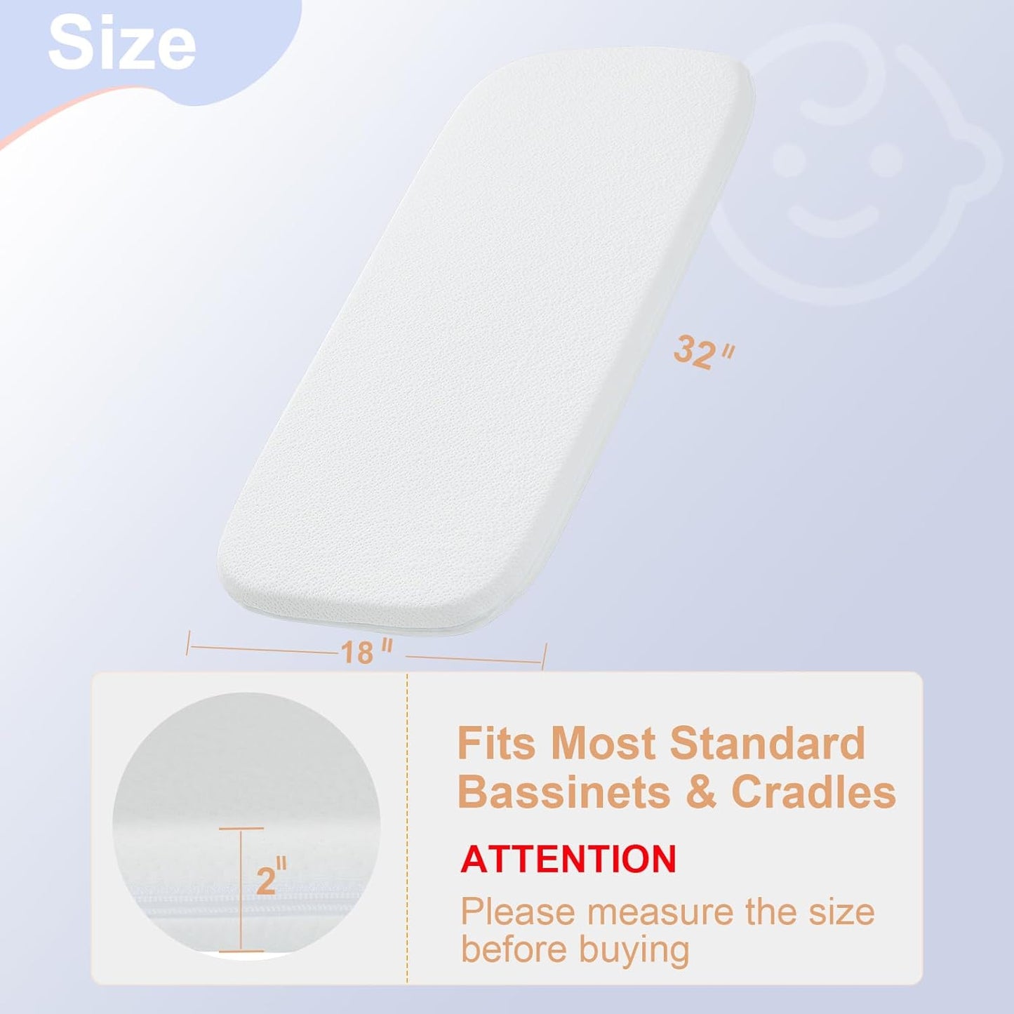 NeoBorn Baby Bassinet Mattress Pad, 32" x 18" Dual Sided Comfort Gel Memory Foam Mattress with Removable Breathable Soft Tencel Cover Fit for RONBEI/Ingenuity/Cuddor Baby Bassinet