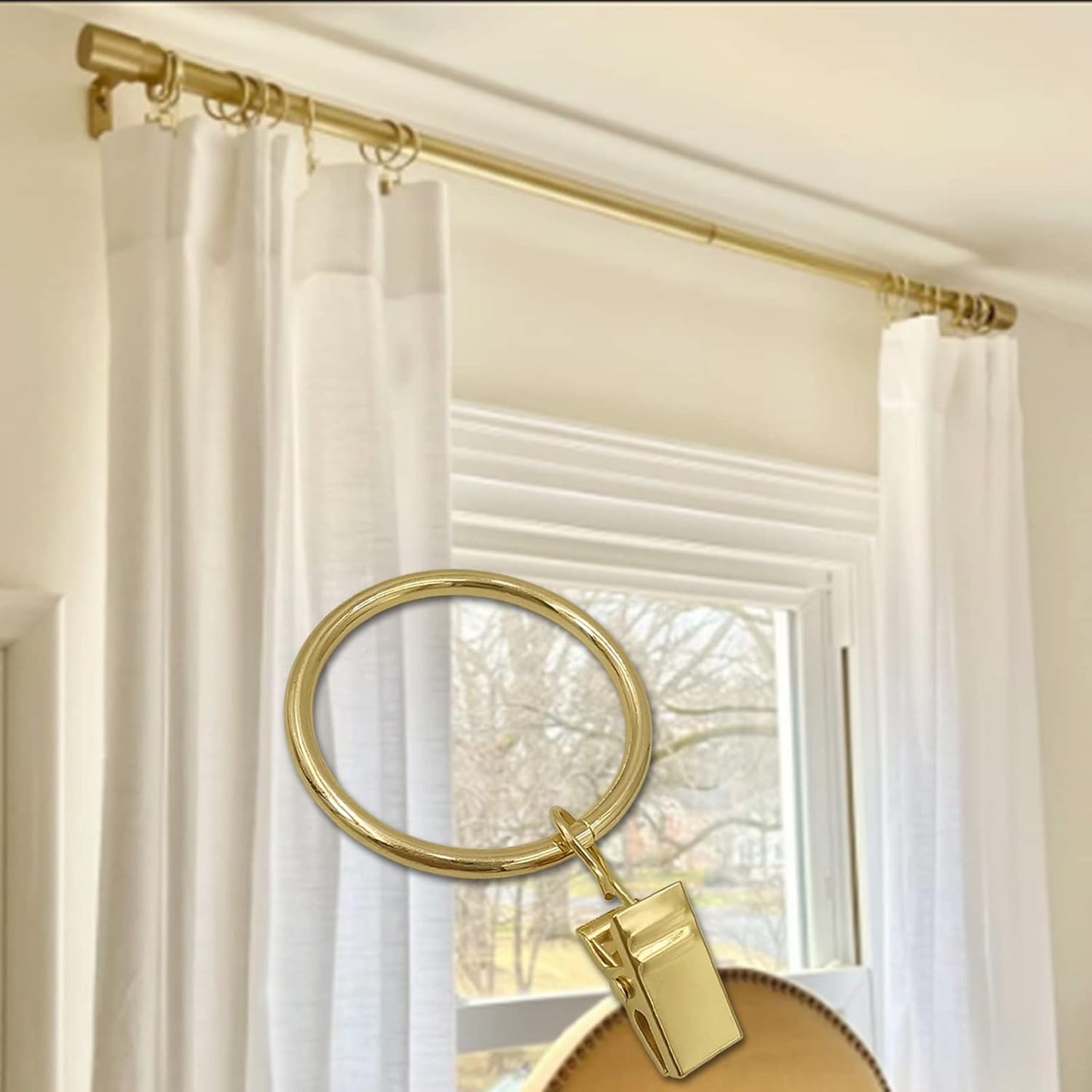 100 Pack Gold Curtain Rings with Clips, Curtain Hooks Hangers Clip Rings for Hanging Drapes Bows Hat, Drapery Rings 1.5 in I D, Fits up to 1.2 in Diameter Curtain Rod.