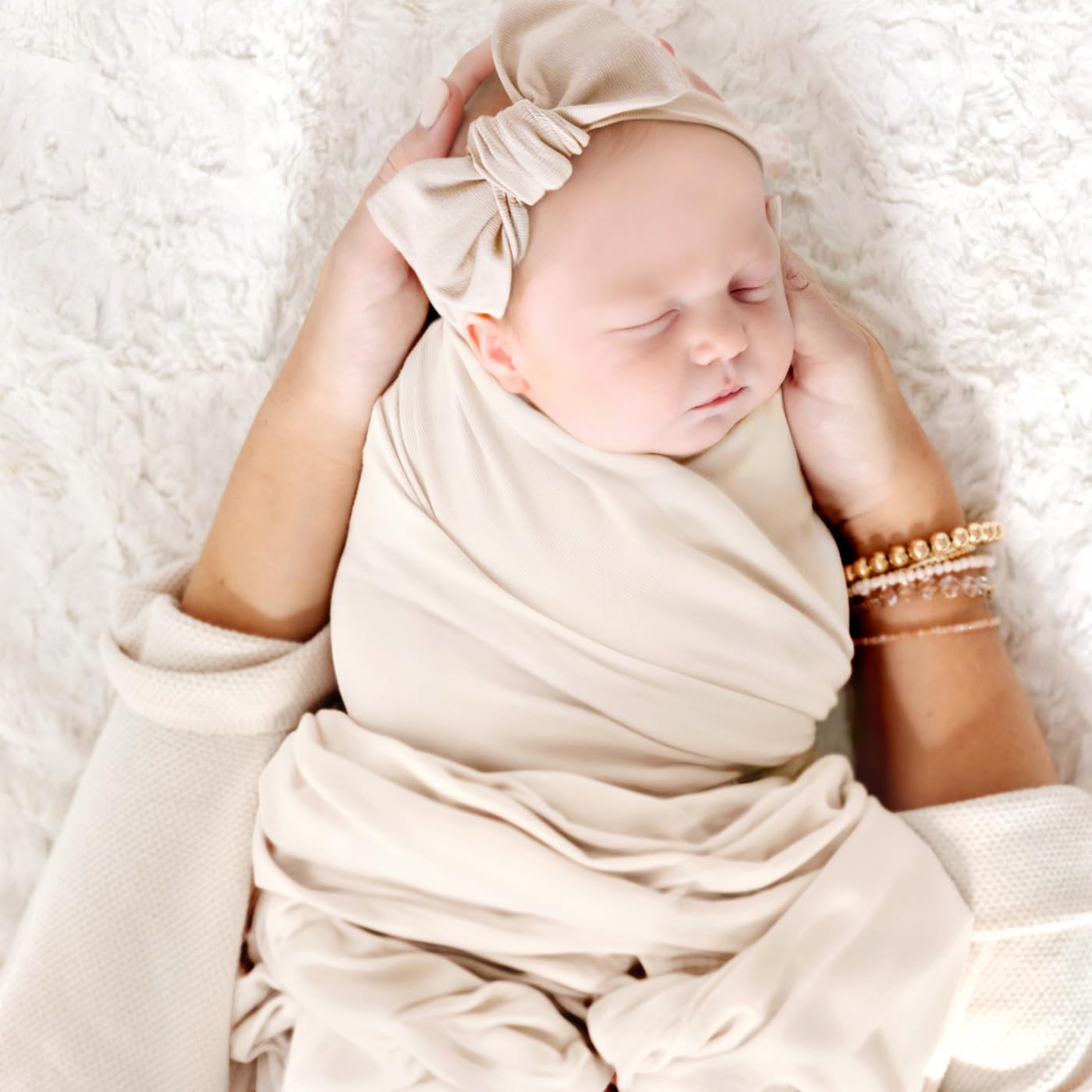 GRSSDER Newborn Swaddle Blanket, Ultra Soft Jersey Receiving Blanket with Matching Headband and Beanie Set, 47×47" Extra Large Nursery Swaddle Wrap for Girls and Boys