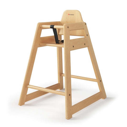 Foundations Neat Seat Wood Highchair for Restaurants, Easy to Clean, “No-tip” Feet, 3-point Safety Harness, Durable Hardwood, Small Footprint, Stackable (Natural)