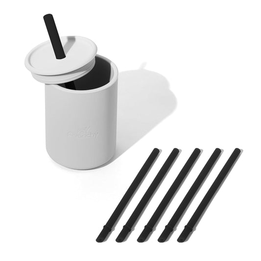 Avanchy Silicone Training Sippy Cup with Straw Lid – For Babies 6+ Months to Toddlers 1 Year Old – 8 oz Infant Water Cup for Baby Led Weaning, Gray + 5 Reusable Straws