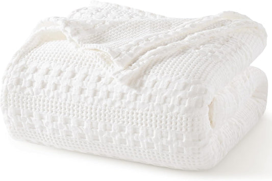 PHF 100% Cotton Waffle Weave Blanket King Size, Soft Lightweight Breathable Cozy Summer Blankets for Bed, Luxury Aesthetic Woven Bedding for Home Decor, 108"x90", White