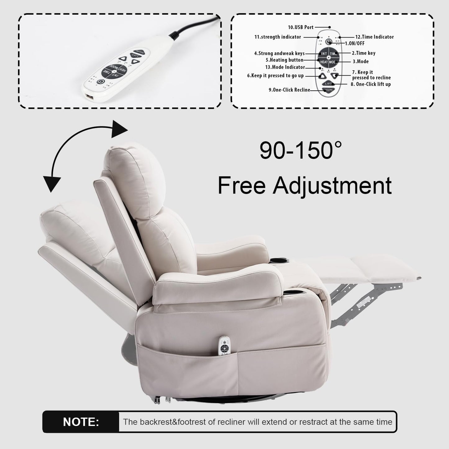 KCQ Electric Swivel Recliner Chair with Massage Heat Cup Holders Overstuffed PU Leather Power Rocking Glider Chairs Rocker Recliner for Adults, Beige