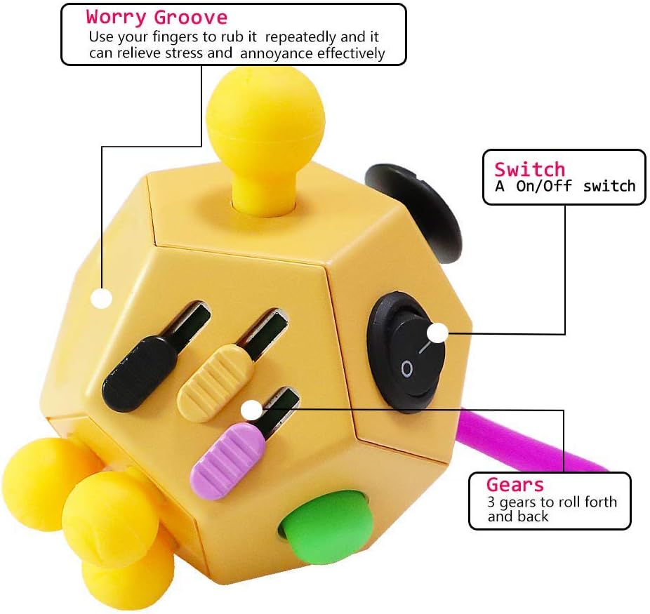 12 Sided Cube Toys,Fidget Toys Relief Stress and Anxiety Depression Anti for Kids and Adults with ADD, ADHD, OCD, Autism (Yellow, Normal)