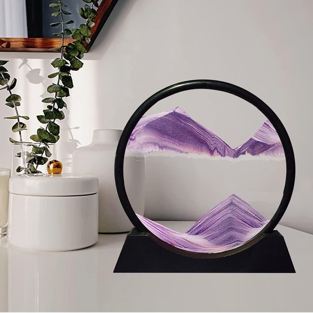 Aoderun Moving Sand Art Picture Round Glass 3D Deep Sea Sandscape in Motion Display Flowing Sand Frame Relaxing Desktop Home Office Work Decor (7", Purple)