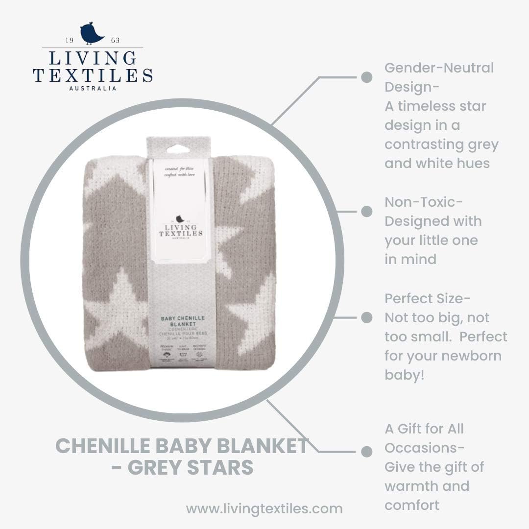 Living Textiles Grey Stars Chenille Soft Baby Blanket Reversible Premium Cozy Fabric for Best Comfort - for Infant,Toddler,Newborn,Nursery,Boy,Girl,Unisex,Throw,Crib,Stroller,Gift, Grey Stars 40x30