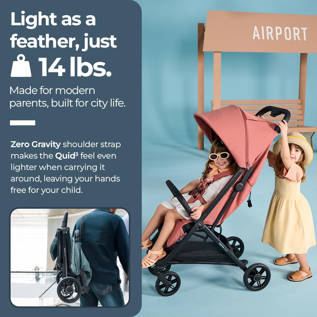 Inglesina Quid³ Stroller, Aurora Pink - Compact Reclining Travel Stroller for Baby & Toddler 0-55 lbs, One Hand fold, Car seat Compatible, Airplane Overhead, Lightweight, Foldable, XL UPF 50+ Canopy