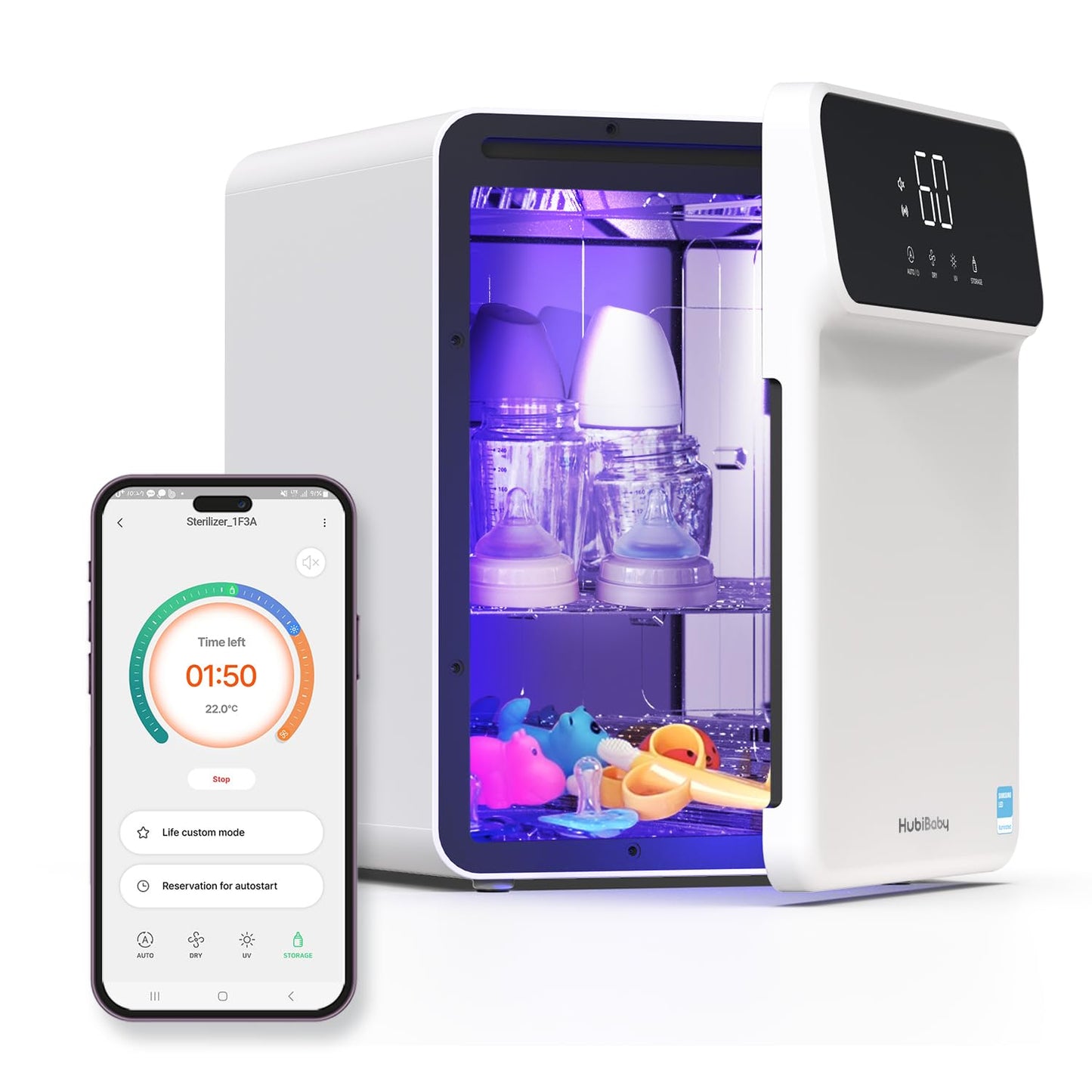 HubiBaby 4-in-1 UVC Cleaner and Dryer for Baby Bottles XL Large Inner Capacity Multifunctional Smart Control with Bluetooth APP