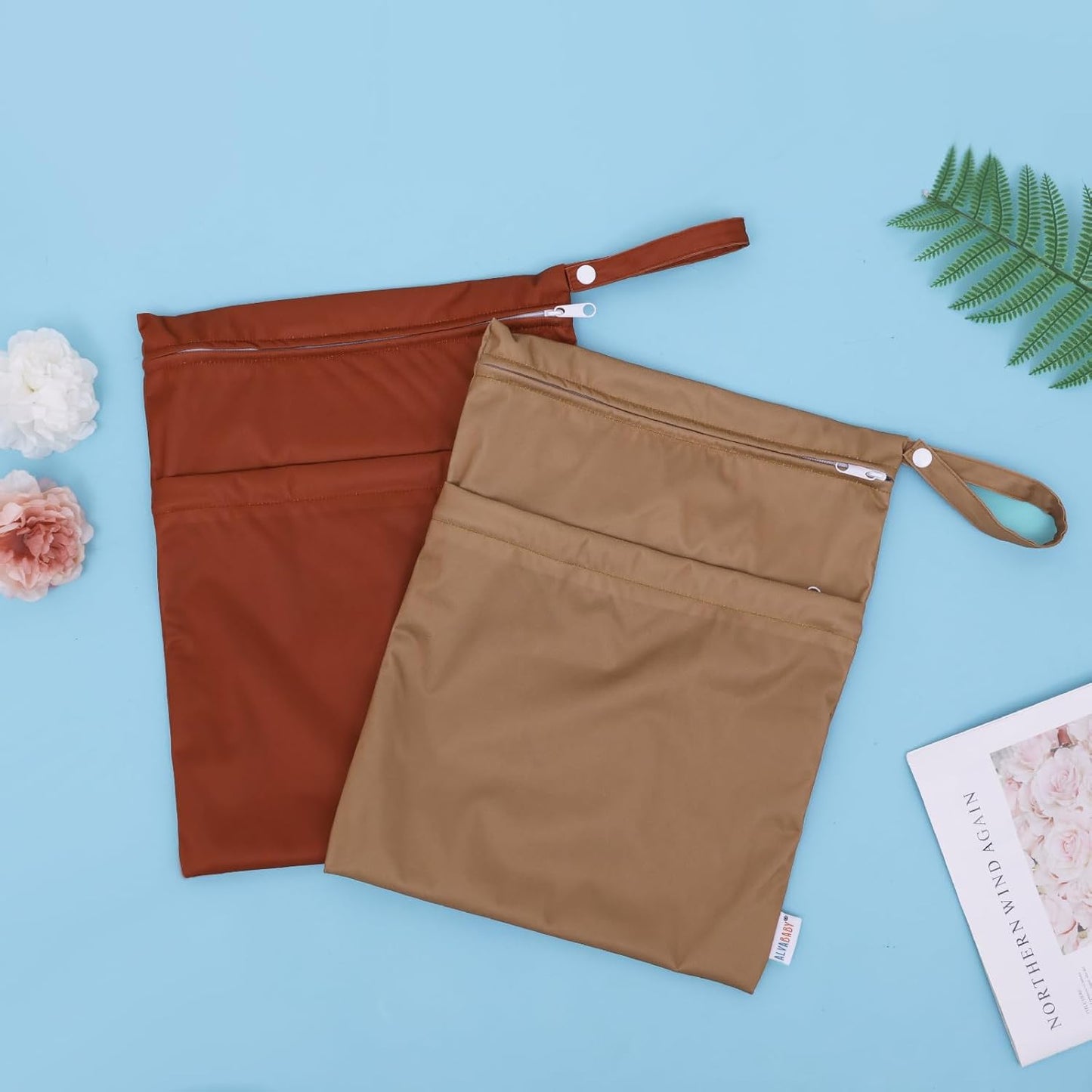 ALVABABY 2pcs Cloth Diaper Wet Dry Bags Waterproof Reusable with Two Zippered Pockets Travel Beach Pool Daycare Soiled Baby Items Yoga Gym Bag for Swimsuits or Wet Clothes 2LM06