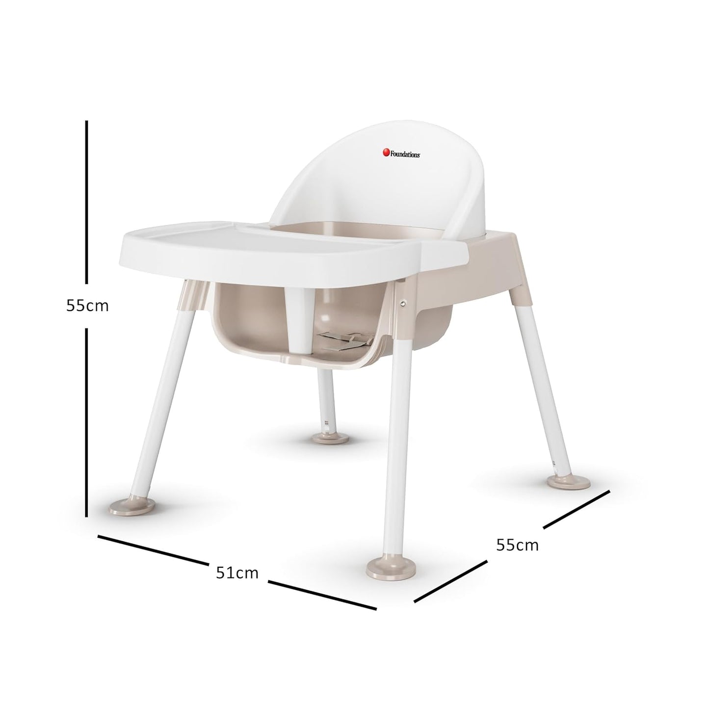 Foundations Secure Sitter 9" Feeding Chair, Stable “No Tip” Feet, 3-Point Adjustable Harness, Removable Tray, Easy to Clean, Smooth Plastic (White/Tan)
