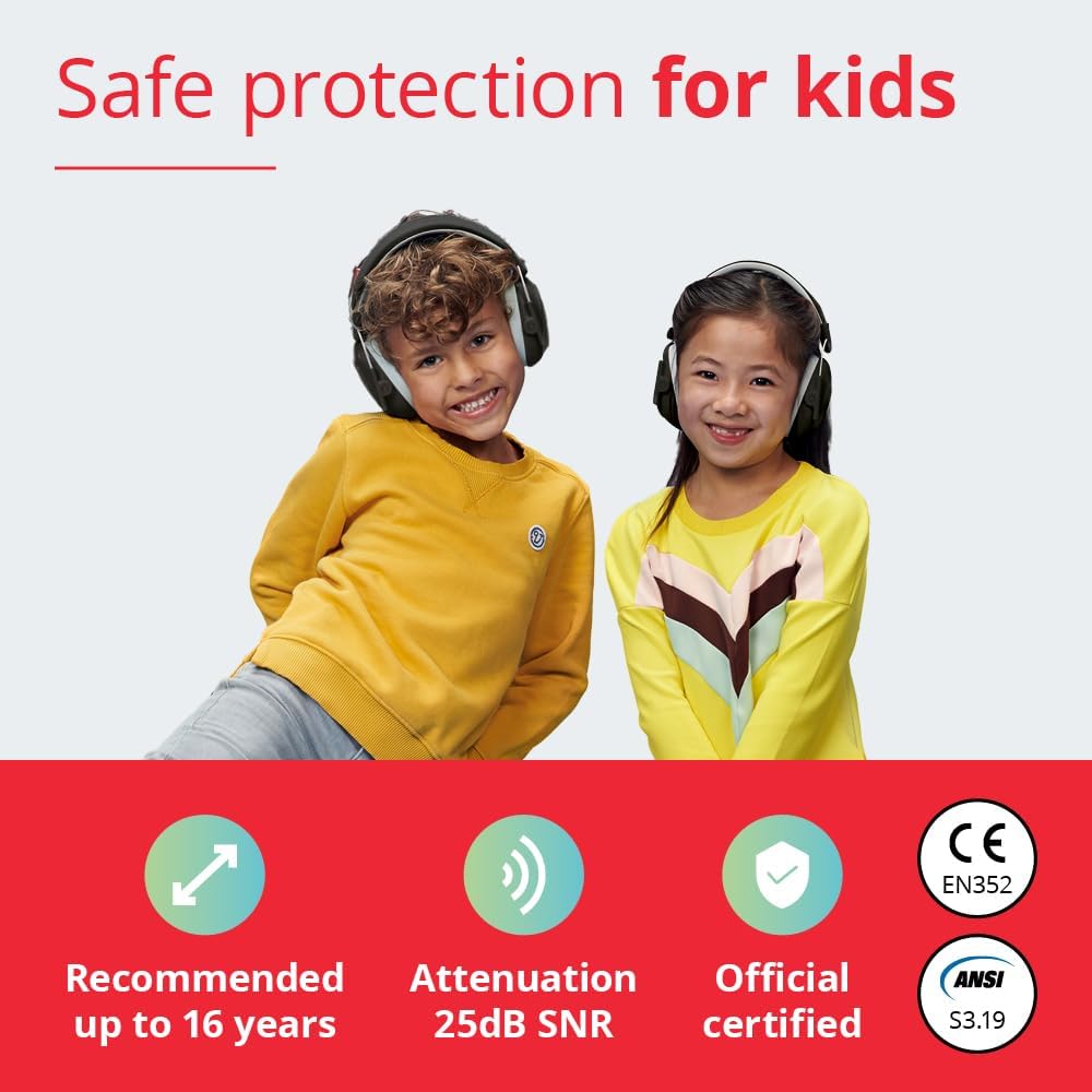 Alpine Muffy Kids - Hearing Protection - CE & ANSI Certified - Adjustable for Ages 3-16 years - Noise Cancelling Headphones - 25dB Sound Reduction Ideal for Protection and Concentration Aid – Black