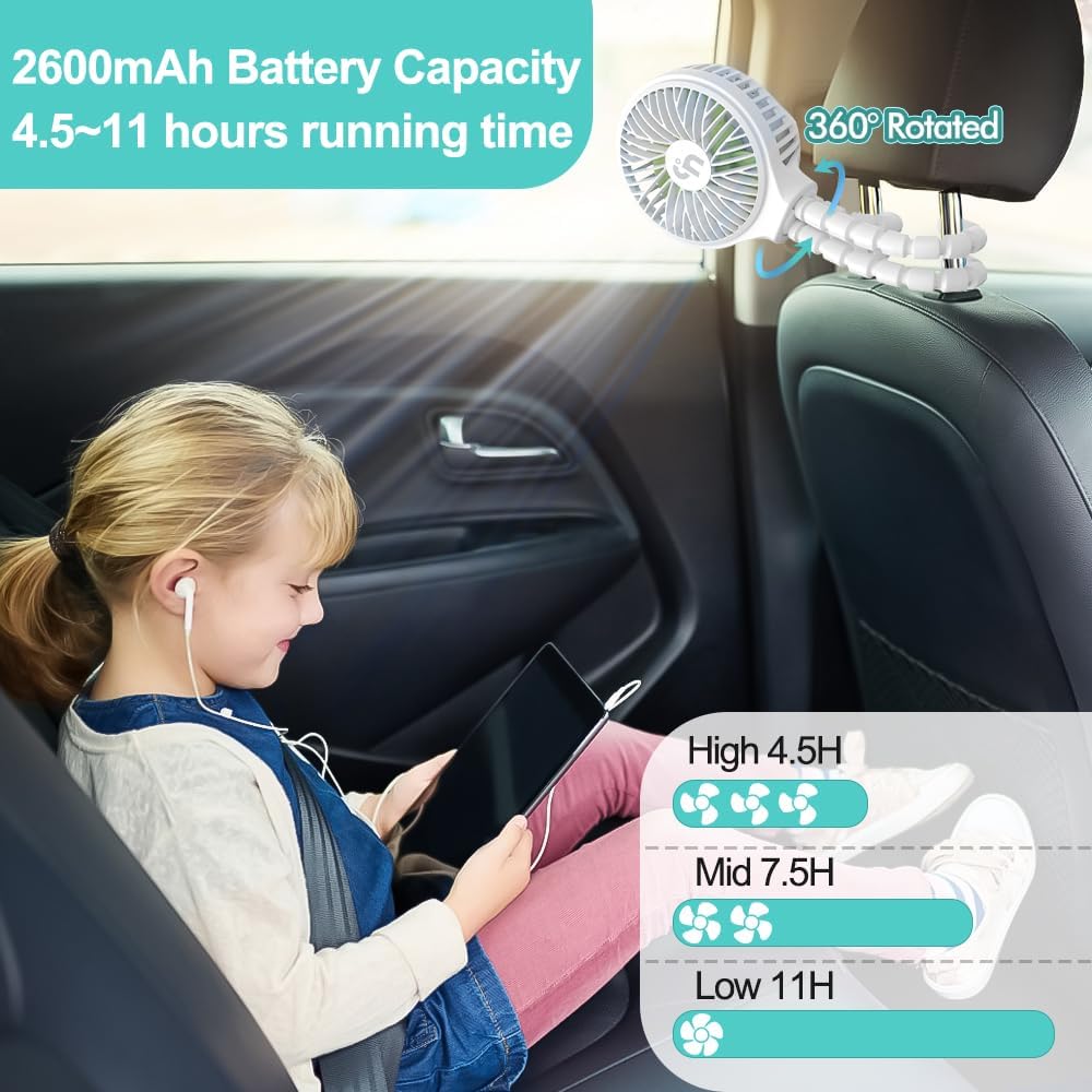 HomeLifairy Portable Stroller Fan, USB or Rechargeable Battery Operated with 3 Speeds and 360°Rotate, Cooling Clip On for Baby Crib Travel Car Seat White