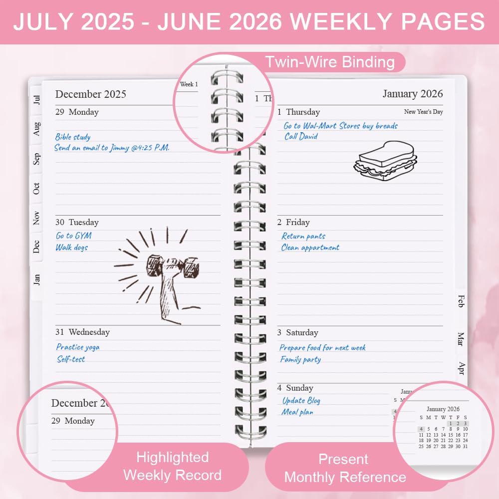 2025-2026 Pocket Planner, A6 Weekly Planner with Monthly Tabs, Run Jul 2025-Jun 2026, Elastic Closure, Twin-Wire Binding, Easy to Organize Your Daily Life, 3.75 x 6.75 In, Pocket Planners 2025 2026, Rose