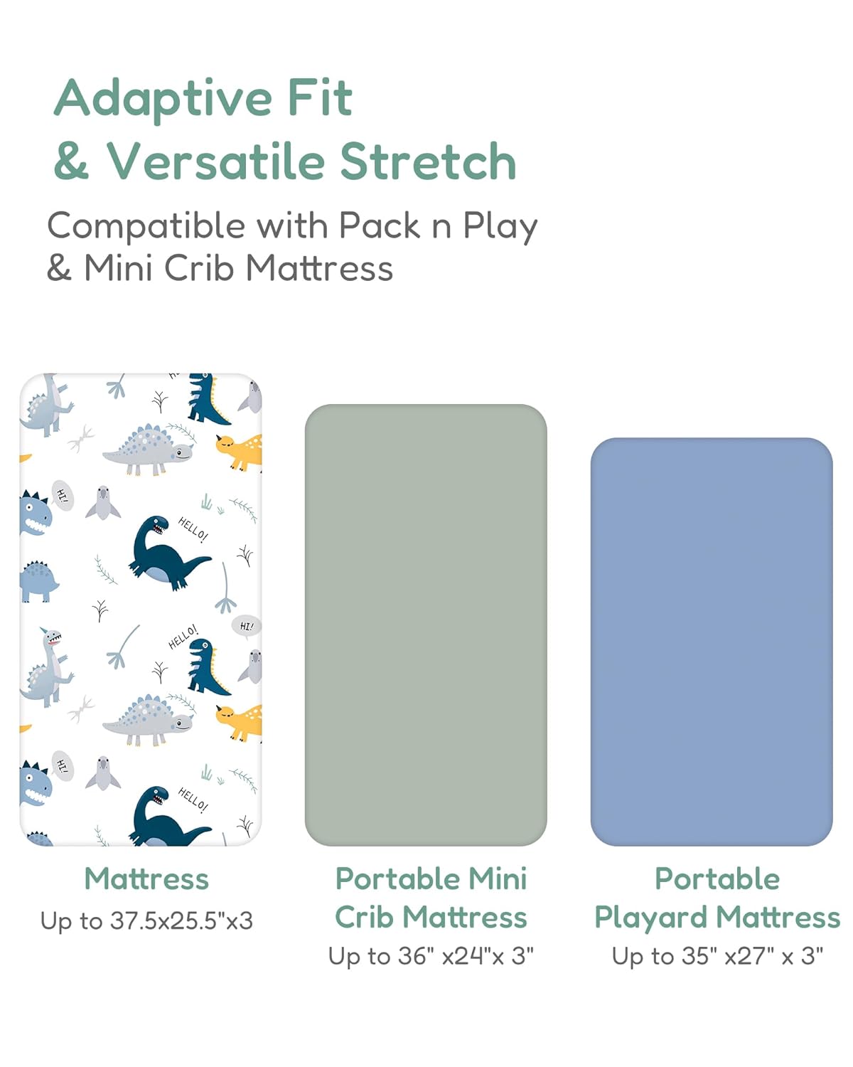Pack and Play Sheets Fitted, Dino Animals Blue, Soft and Stretchy, Hypoallergenic and Safe, 2 Pack for Mini Crib and Pack N Play