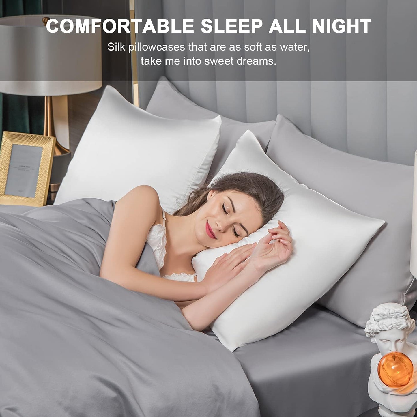 2 Pcs Mulberry Silk Pillowcase for Hair and Skin,Cooling Silk Pillow Case with Hidden Zipper,Allergen Proof Dual Sides Soft Breathable Smooth Silk Pillow Cover for Women(Queen-2PCS,White)