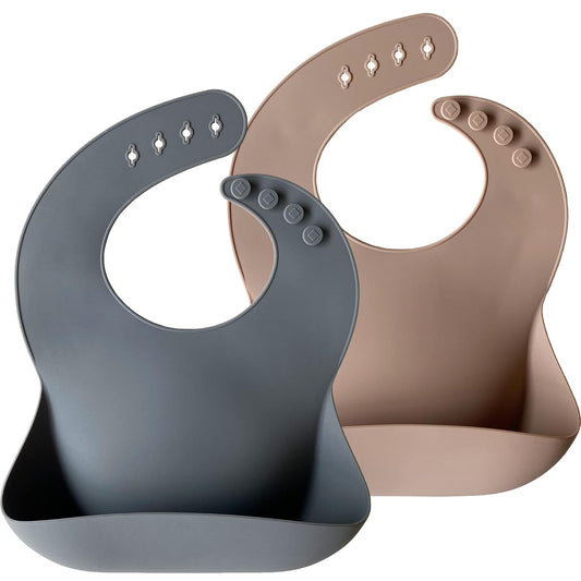 Moonkie Silicone Baby Bibs Set Of 2, BPA Free Soft Adjustable Fit Waterproof Feeding Bibs for Babies and Toddlers(Dark Grey/Warm Taupe)