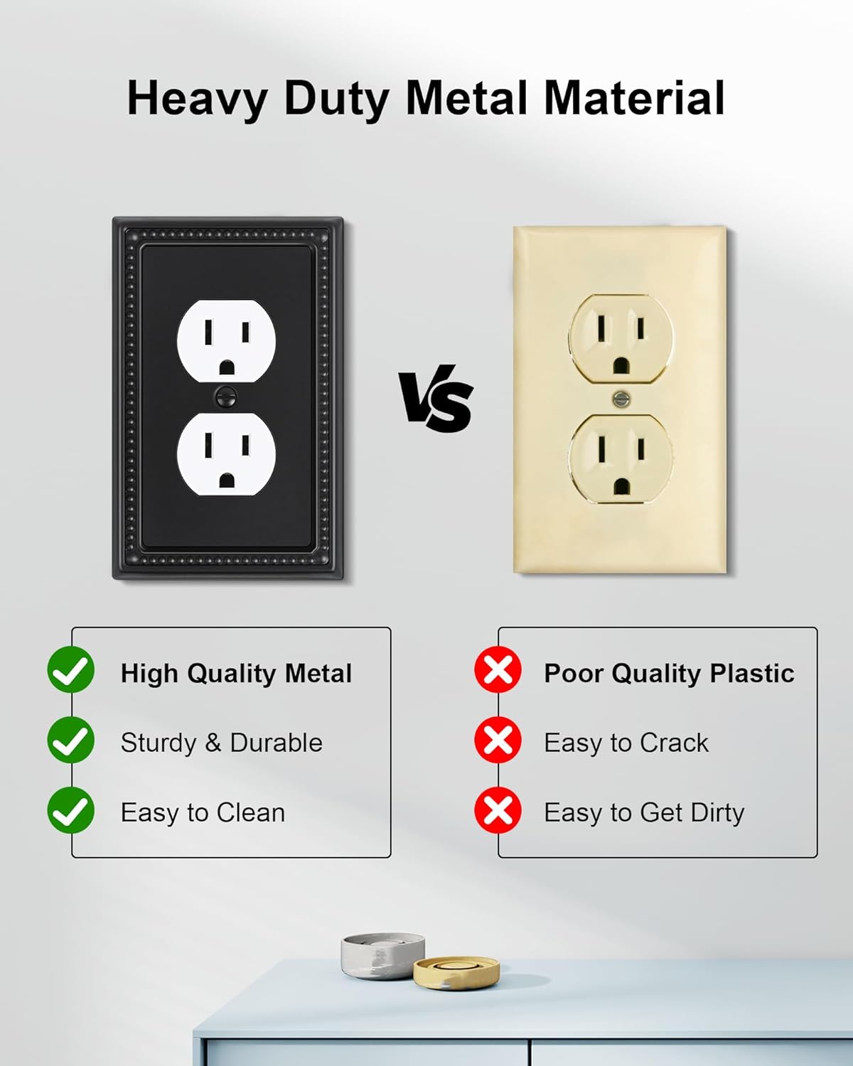 4-Pack Duplex Outlet Cover, Black Metal Wall Plates for Electrical Outlets, 1 Gang Receptacle Light Switch Cover, Pearls Beaded Decorative Switch Plates and Outlet Covers