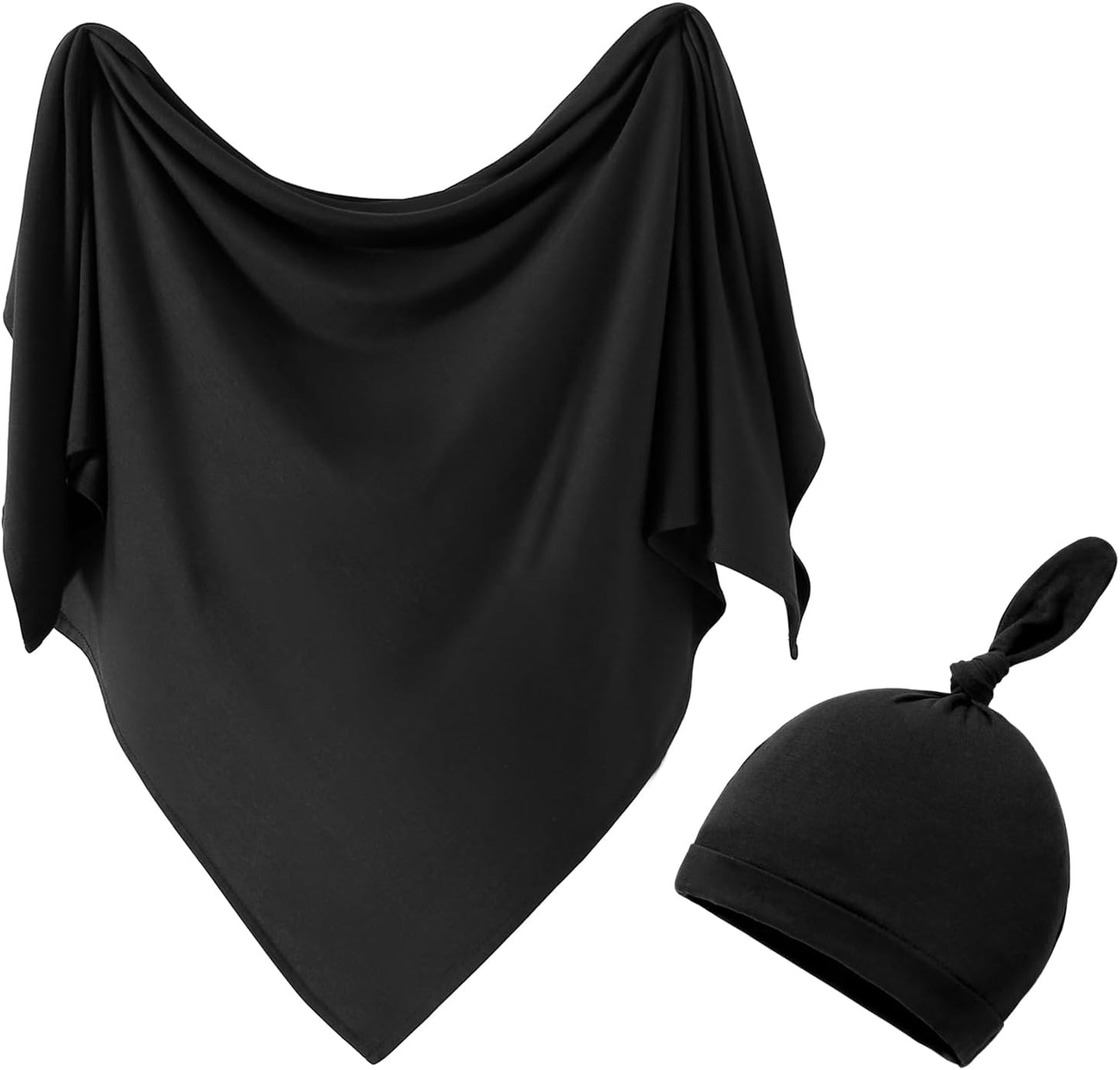 iEvolve Cotton Knitted Baby Swaddle Blanket with Hat Headband Set Newborn Swaddle Wrap Receiving Blankets for Baby Girl Boy 45" x 45"(Black)