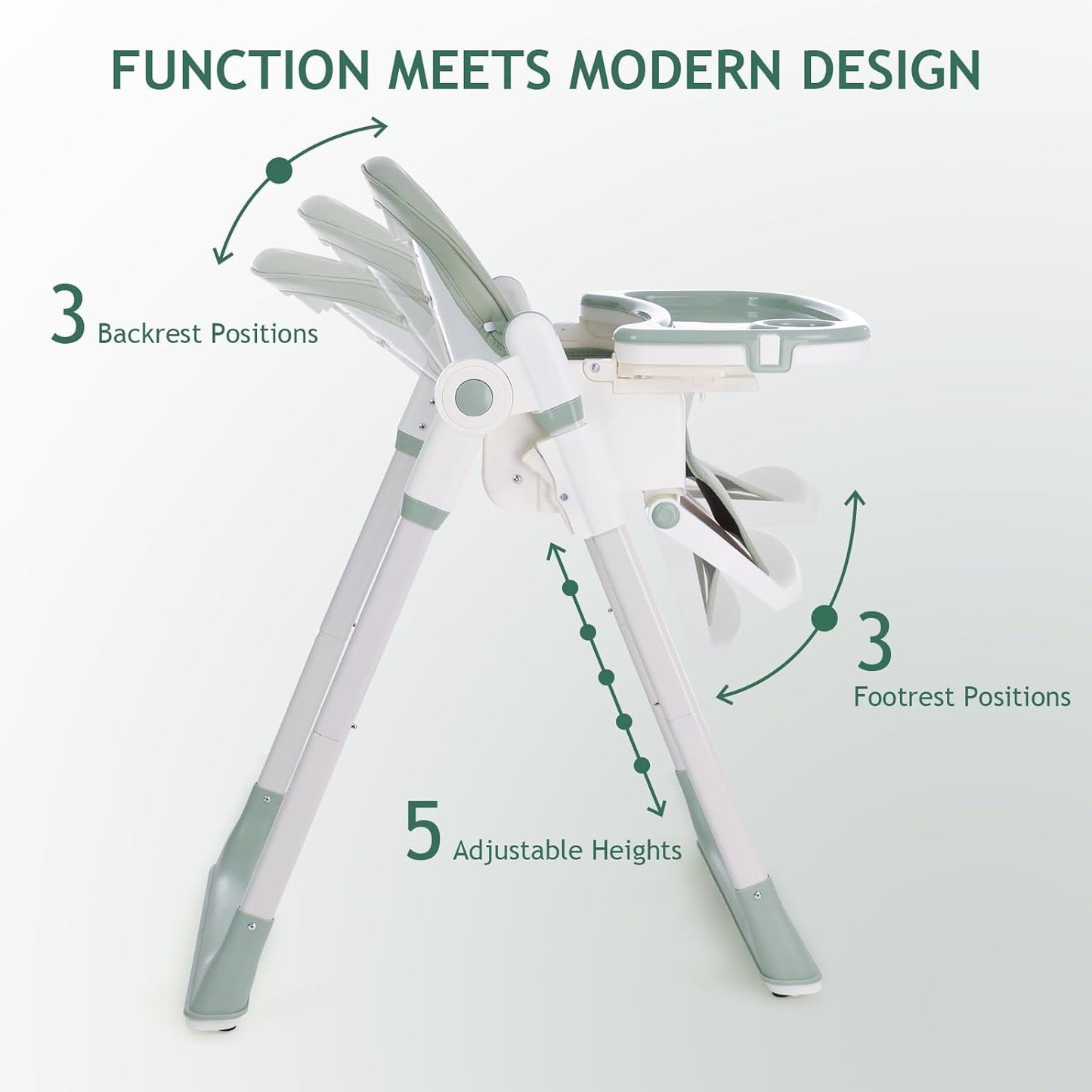 3 in 1 Baby High Chair with Wheels, Adjustable 5 Point Harness, Tray, Foot Rest, Backrest and Seat Height, Foldable High Chair for Toddlers, Green