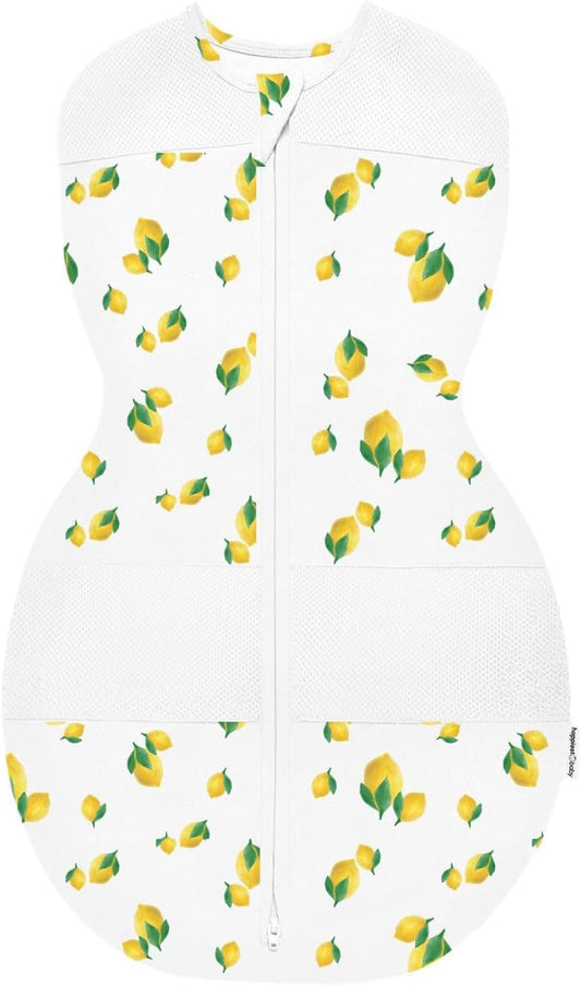 Happiest Baby Sleepea 5-Second Swaddle - 100% Organic Cotton Baby Swaddle Blanket - Doctor Designed Promotes Healthy Hip Development (Ivory Lemons, X-Large)