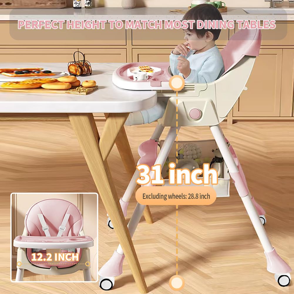 High Chairs for Babies and Toddlers, 4 in 1 Convertible Baby High Chair, Portable High Chair for Travel with Adjustable Height and Back, Foldable HighChair with Wheels& Pu Cushion