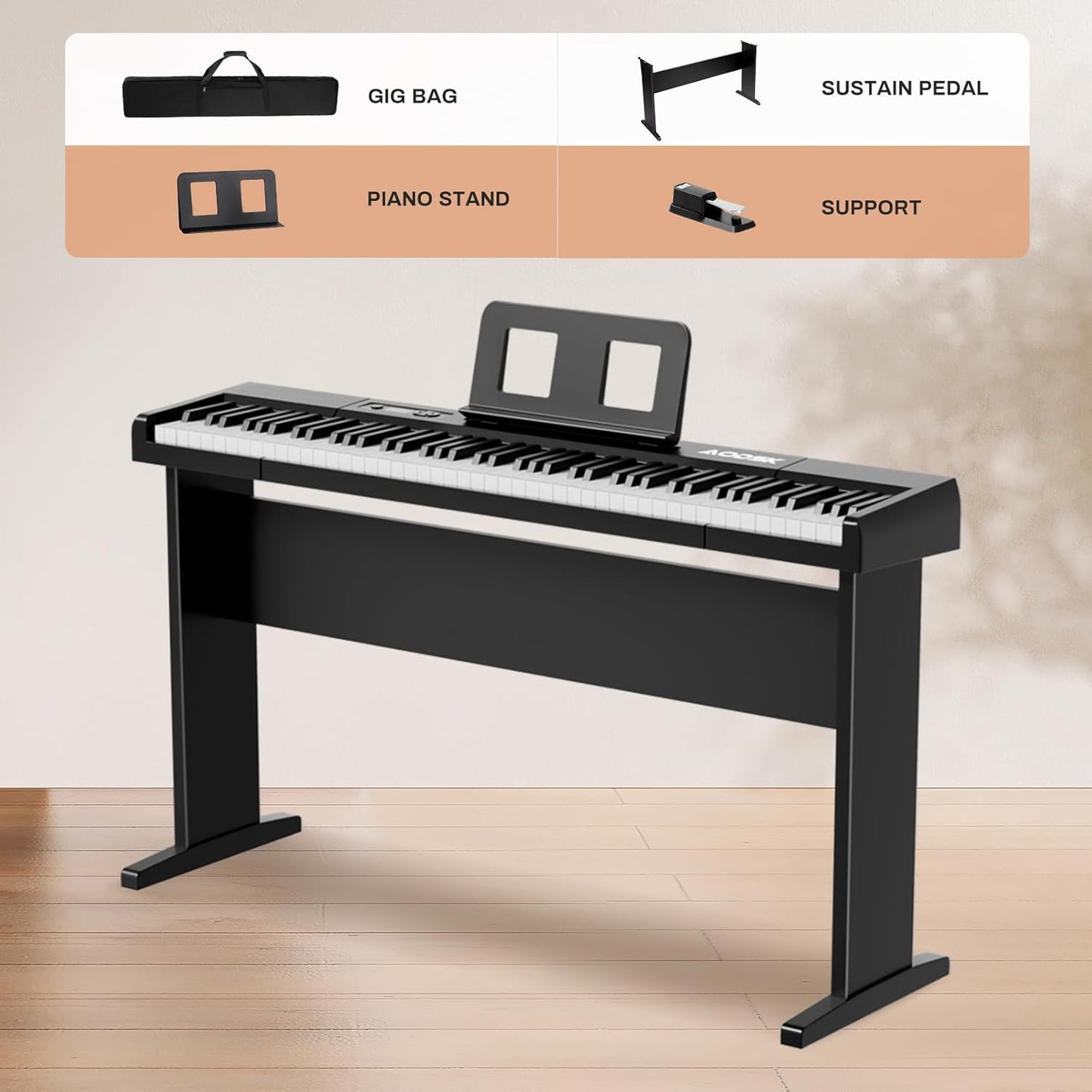 Aodsk 88 Key keyboard piano, Portable Digital Piano with Wooden stand Set for Beginners,128 Tone,128 Rhythm, 20 Demo Song, with Sustain Pedal, Carrying Case, Complimentary Online Piano Lessons
