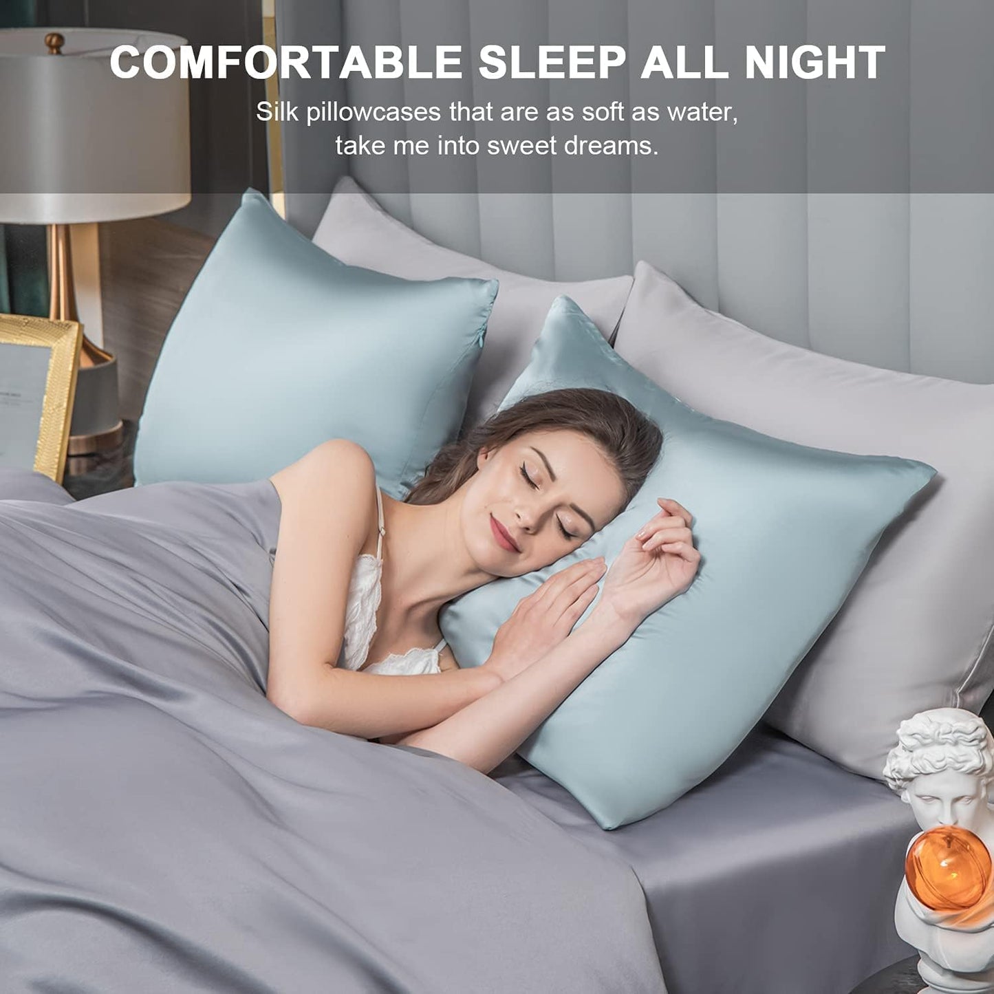 2 Pcs Mulberry Silk Pillowcase for Hair and Skin,Cooling Silk Pillow Case with Hidden Zipper,Allergen Proof Dual Sides Soft Breathable Smooth Silk Pillow Cover for Women(Queen-2PCS,Aqua Blue)