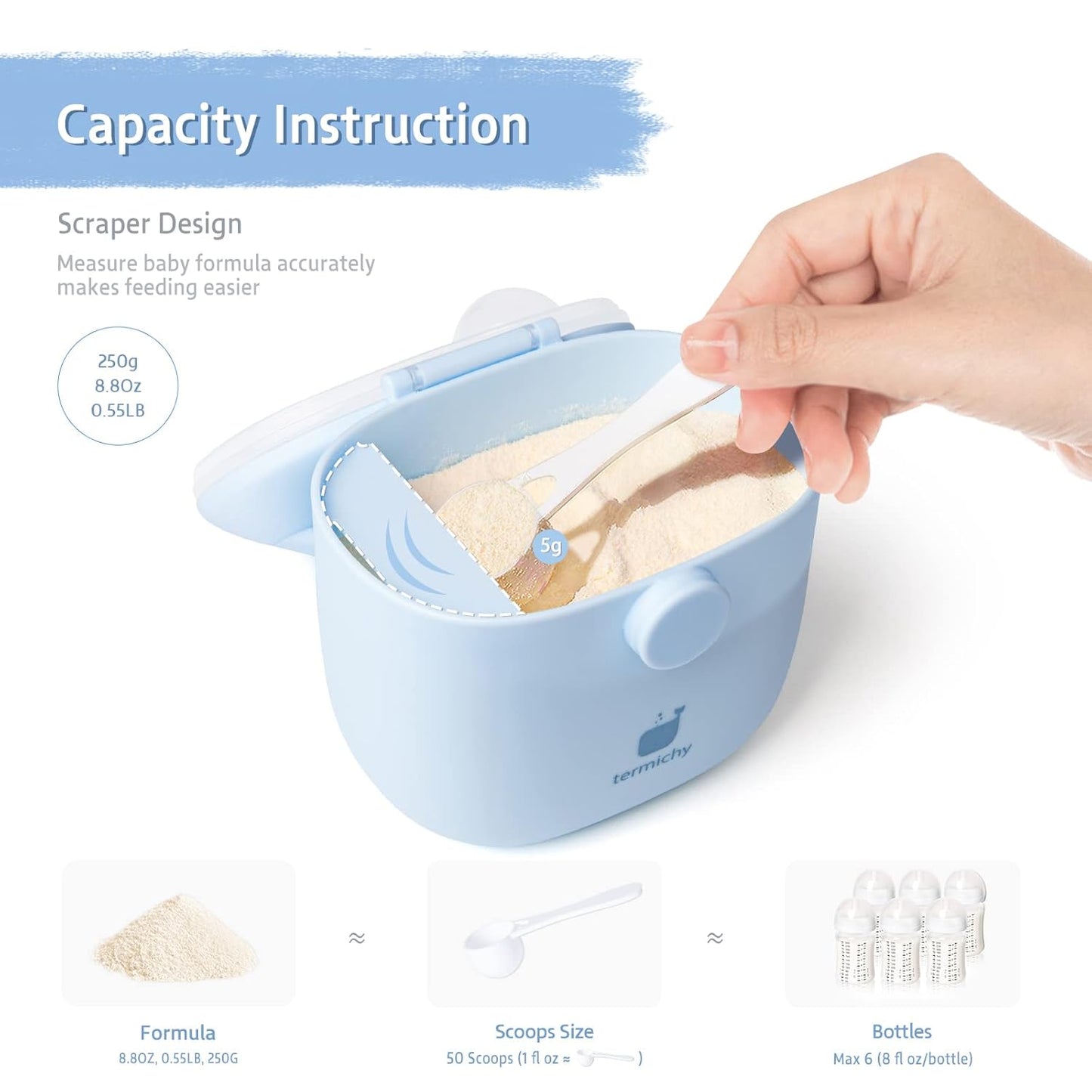 Termichy Baby Formula Dispenser, Portable Milk Powder Dispenser Container with Carry Handle and Scoop for Travel Outdoor Activities with Baby Infant, 8.8OZ, 0.55LB, 250g, 500ml (Light Blue)