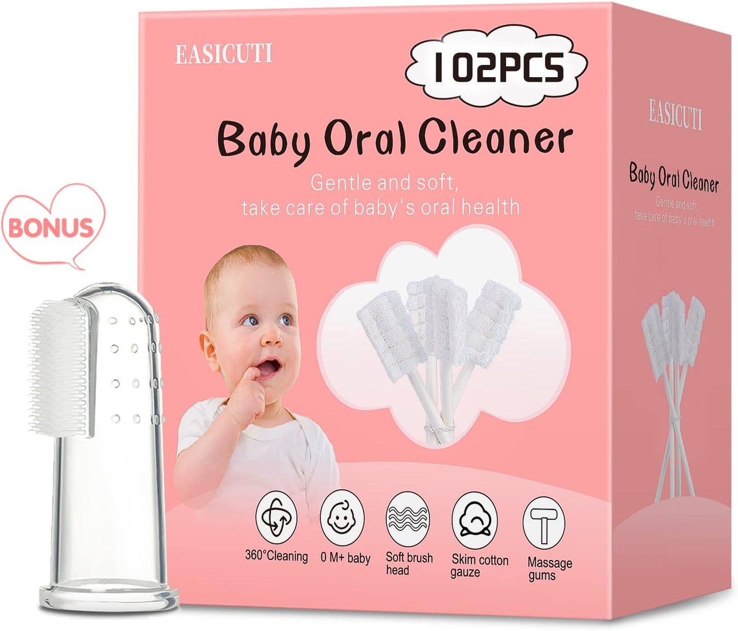 102PCS Baby Tongue Cleaner,Baby Oral Cleaner Newborn Baby Toothbrush,Disposable Infant Toothbrush Clean Baby Mouth,Gauze Gum Cleaner Stick Dental Care for 0-36 Month Baby+1 Finger Toothbrush with Case