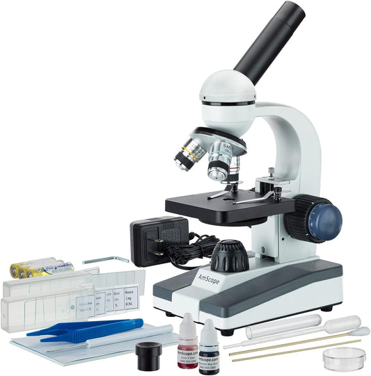 AmScope M150C-SP14 40X-1000X Portable Student Microscope with Slide Preparation Kit