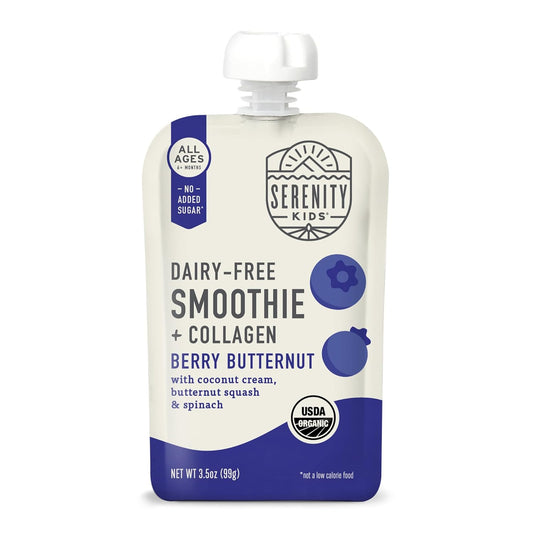 Serenity Kids 6+ Months Dairy Free Smoothie Baby Food - USDA Organic - Grass Fed Collagen Protein - 3.5 Ounce BPA-Free Pouch - Berry Butternut Protein Smoothie Baby Pouches - 6 Count