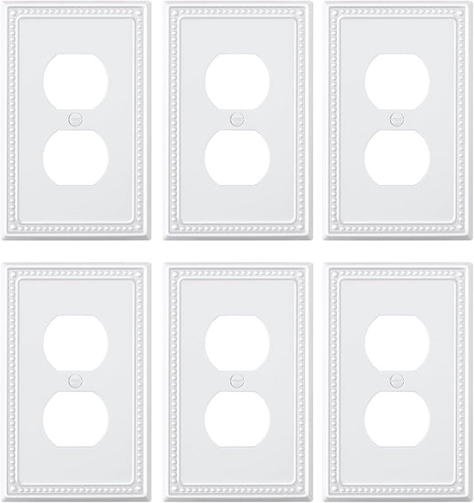 6-Pack Duplex Outlet Cover Plate, Pure White Metal Wall Plates for Electrical Outlets, 1 Gang Receptacle Light Switch Cover, Pearls Decorative Switch Plates and Outlet Covers
