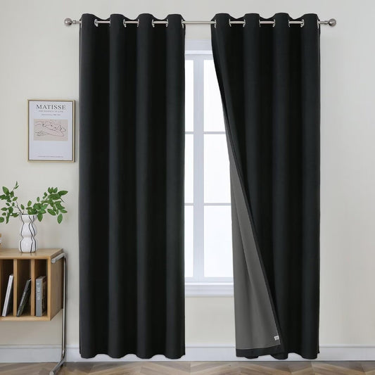 Joydeco Blackout Curtains 96 Inches Long 2 Panels Burg, Room Darkening Curtains for Bedroom, 100% Black Out Textured Thermal Drapes Privacy Protection 2 Panels Set(W52 x L96 Inch, Black)