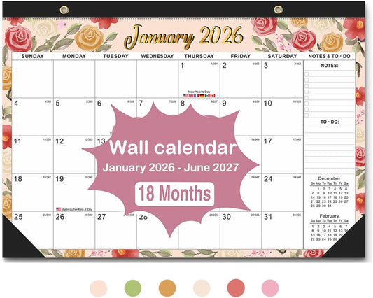 2026-2027 18-Month Desk Calendar with 2 Stickers - 17"x12" Desktop/Wall Monthly Calendar for Homeschool & Office,watercolor