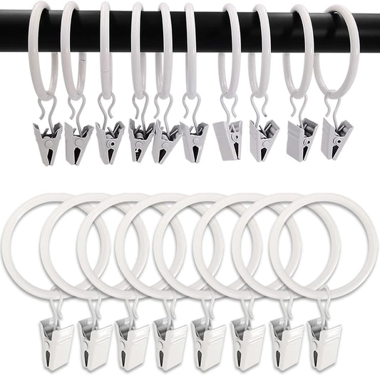 100 Pack White Curtain Rings with Clips, Curtain Hooks Hangers Clip Rings for Hanging Drapes Bows Hat, Drapery Rings 1.5 in I D, Fits up to 1.2 in Diameter Curtain Rod.