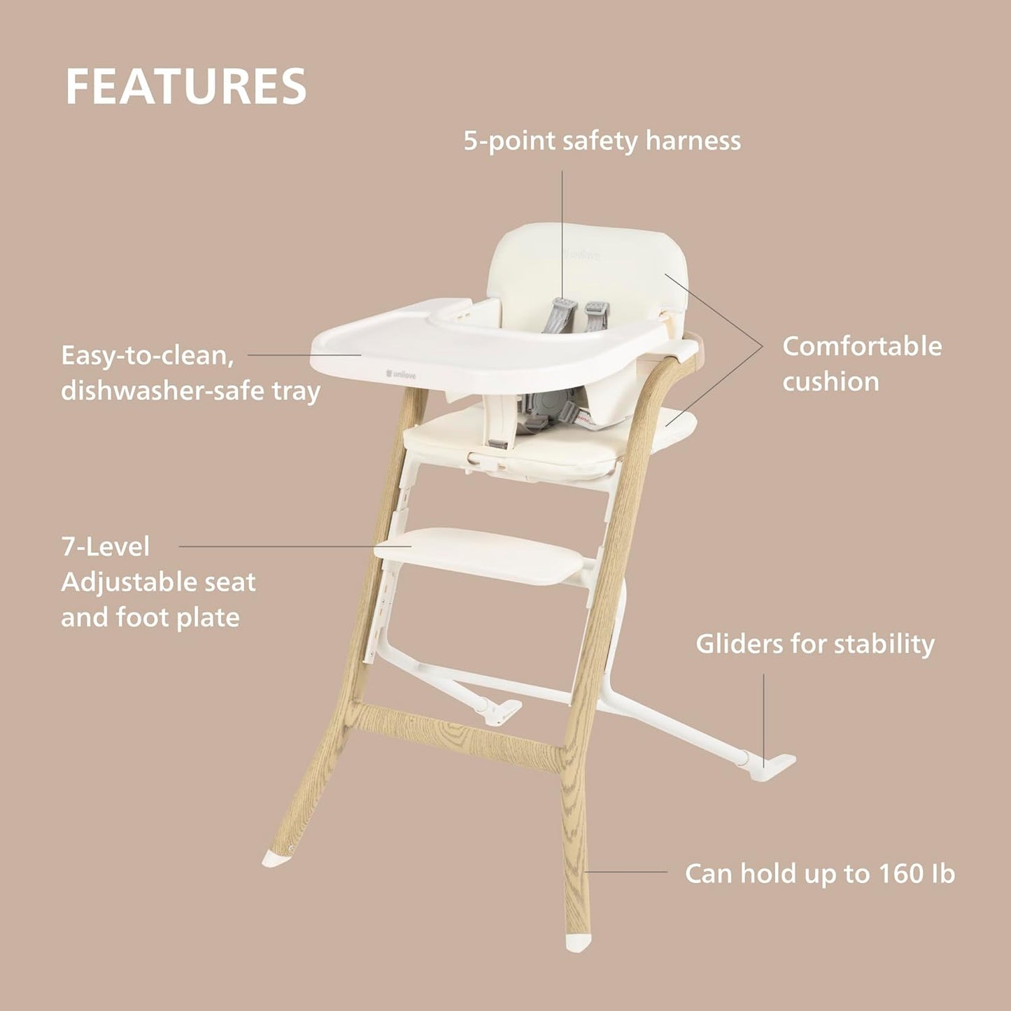 Unilove Grow with Me 2-in-1 Baby High Chair – Adjustable Toddler Chair with Baby Set, Removable Harness, One-Hand Seat & Footrest Adjustment, for Ages 6-60 Months - Sandy Beige