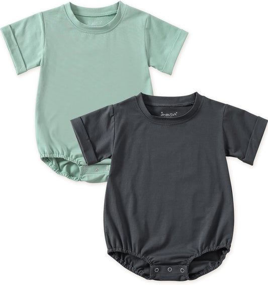 Jimonda Baby Bubble Romper Boy Girl Solid Color T-Shirt Outfits Short Sleeve Bodysuit Organic Cotton 2Pcs