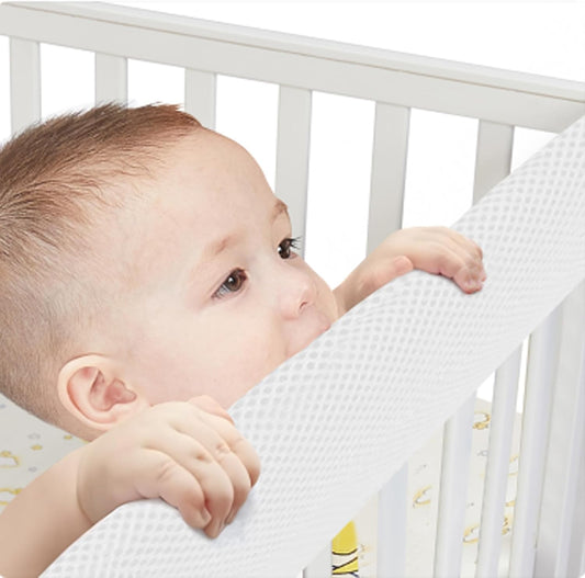 3 in 1 Breathable Crib Rail Covers for Life Size Cribs,White Soft Anti-Collision Strip Corner Covers,Protect Baby Teeth and Save Crib Rails, Rail Edge Protector Strip (White-4pc)