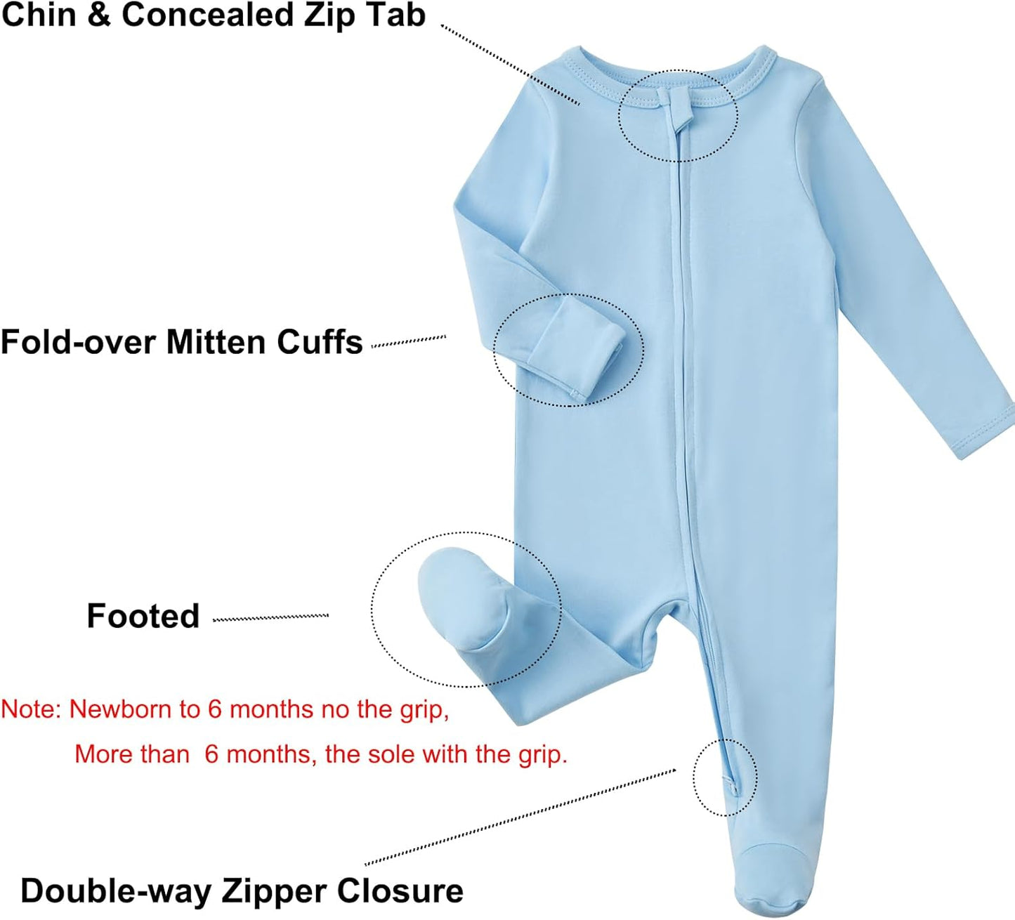 Aablexema Baby Footed Pajamas with Mitten Cuffs Zipper 4-Pack Infant Newborn Cotton Long Sleeve Outfit